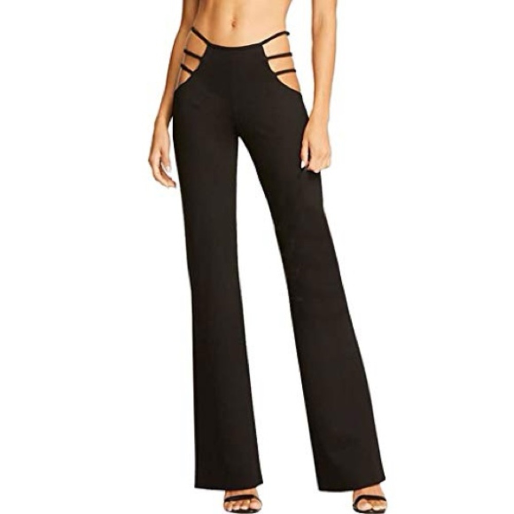 High Waist Cutout Solid Strappy Bell-Bottom Black Club Yoga Pants L/XL 10-12